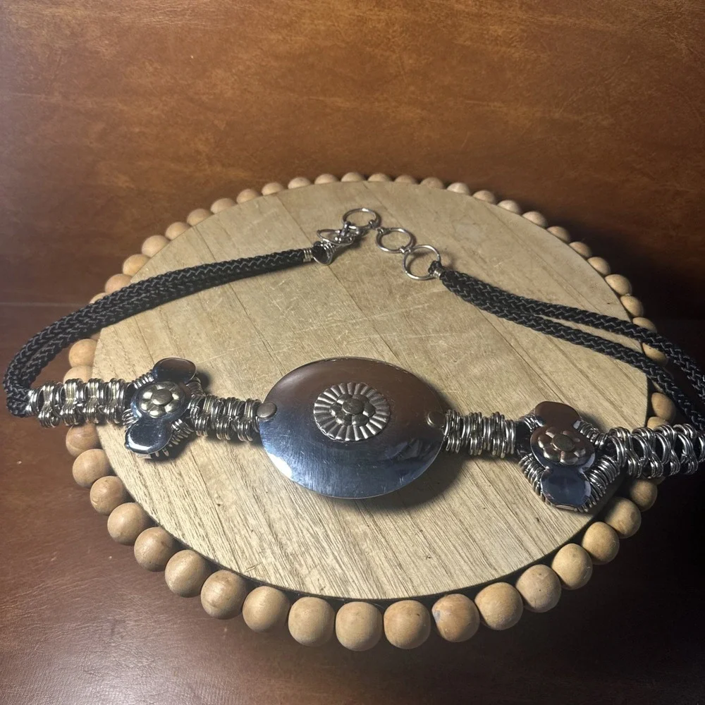 Braided Rope & Metal Rings Belt with Medallion Country Western Tribal 34 Inches